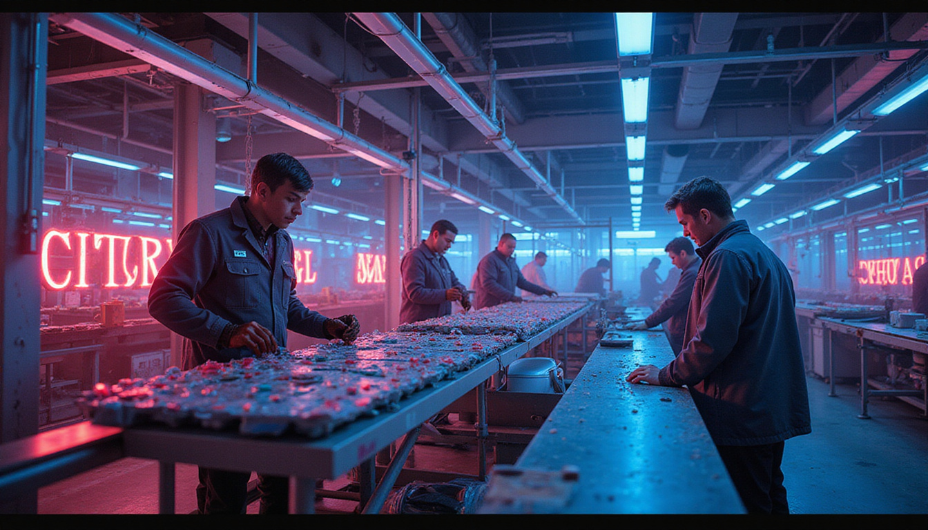 Digital assembly line of ideas: robots and humans crafting vibrant multimedia assets, neon gears turning
