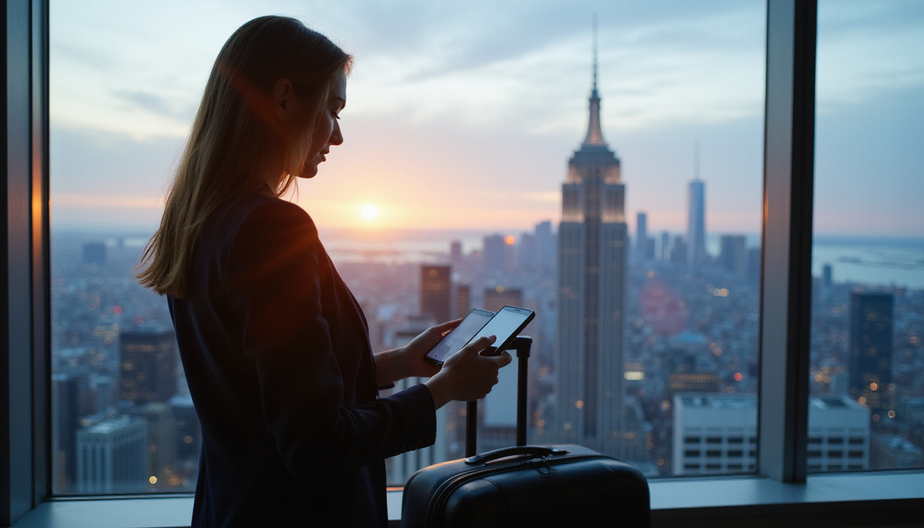  Business traveler reviewing exclusive booking app, city skyline through window, sophisticated lighting
