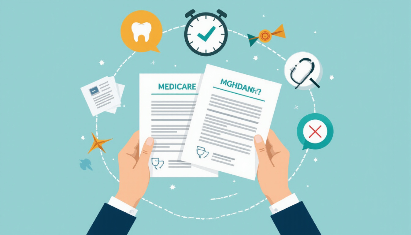  Infographic-style scene: hands holding Medicare paperwork, icons for dental, vision, hearing emerging