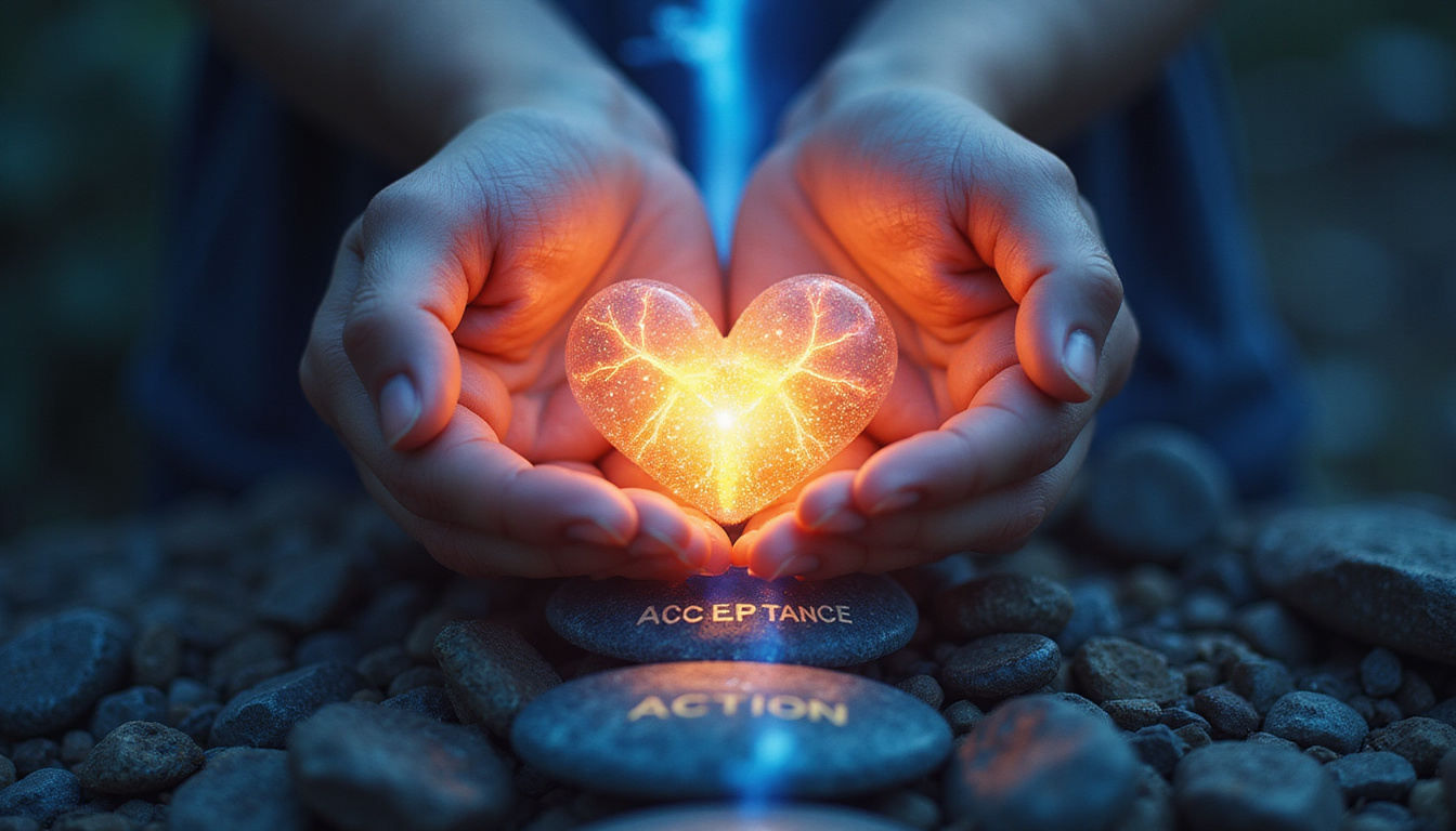  Hands cradling a glowing heart-shaped nerve, stepping stones labeled 