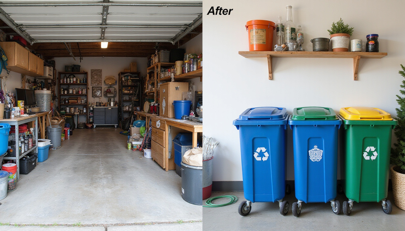 Before-and-after split image: cluttered garage transforming into tidy space, eco-friendly recycling bins, relieved homeowner
