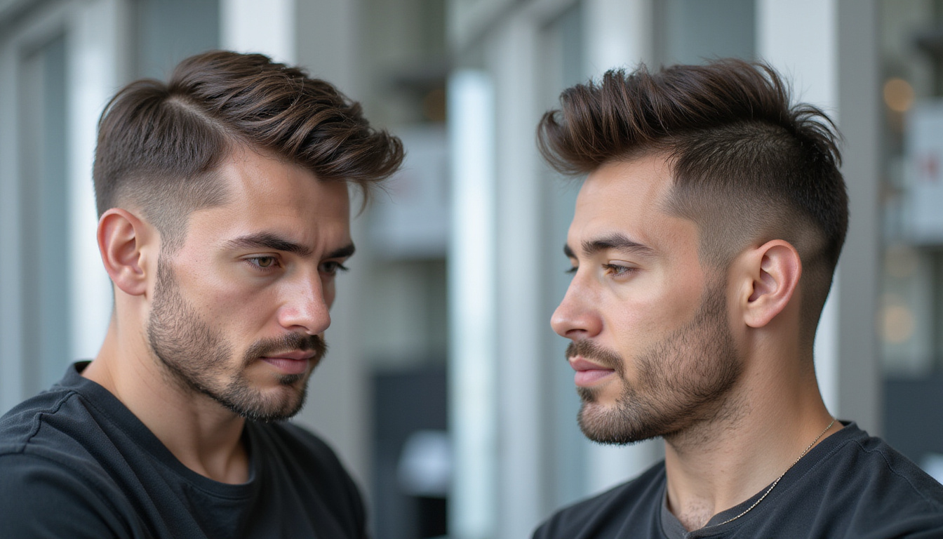  Before-and-after montage of hairline masculinization, surgeon marking scalp, modern clinic, bold masculine aesthetic