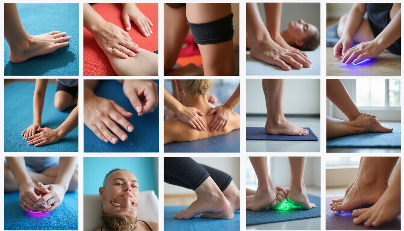  Collage of nine proven techniques: manual therapy, electrotherapy, hydrotherapy, stretching, balance training, recovery glow
