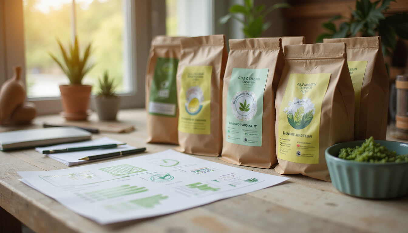  Packaging design workshop showing sustainable labels, green cost-saving graphs, happy consumers, trustworthy seal, warm lighting