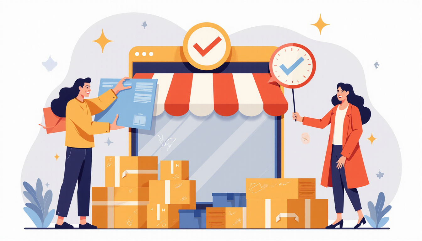  Digital marketplace scene, secure shield checkmark, happy buyers, stacks of packages, modern flat design