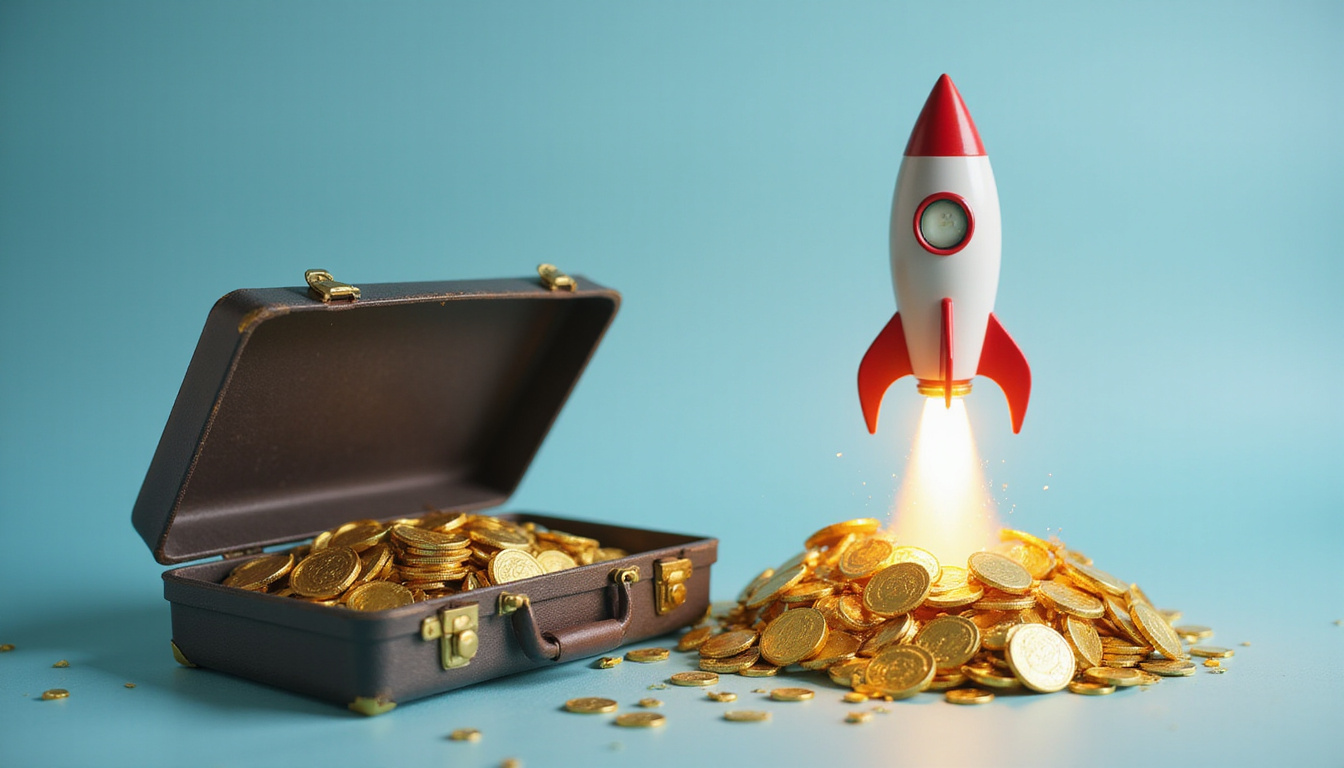 Golden coins flowing into open briefcase rocket launching upward symbolizing productivity and profit growth