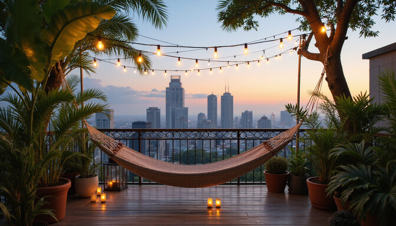  Hidden rooftop oasis with hammock string lights tropical plants city skyline peeking