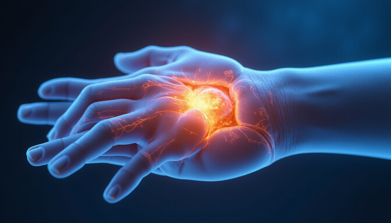  Medical infographic cross-section of hand joint showing hyaluronic acid gel lubricating cartilage, pain relief glow