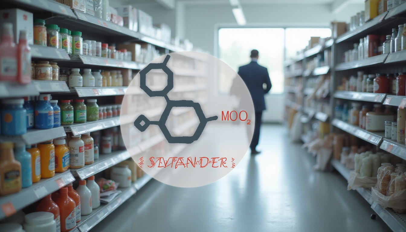 Magnified erythritol molecule overlay on sweetener aisle, shadowy doctors whispering, red warning label
