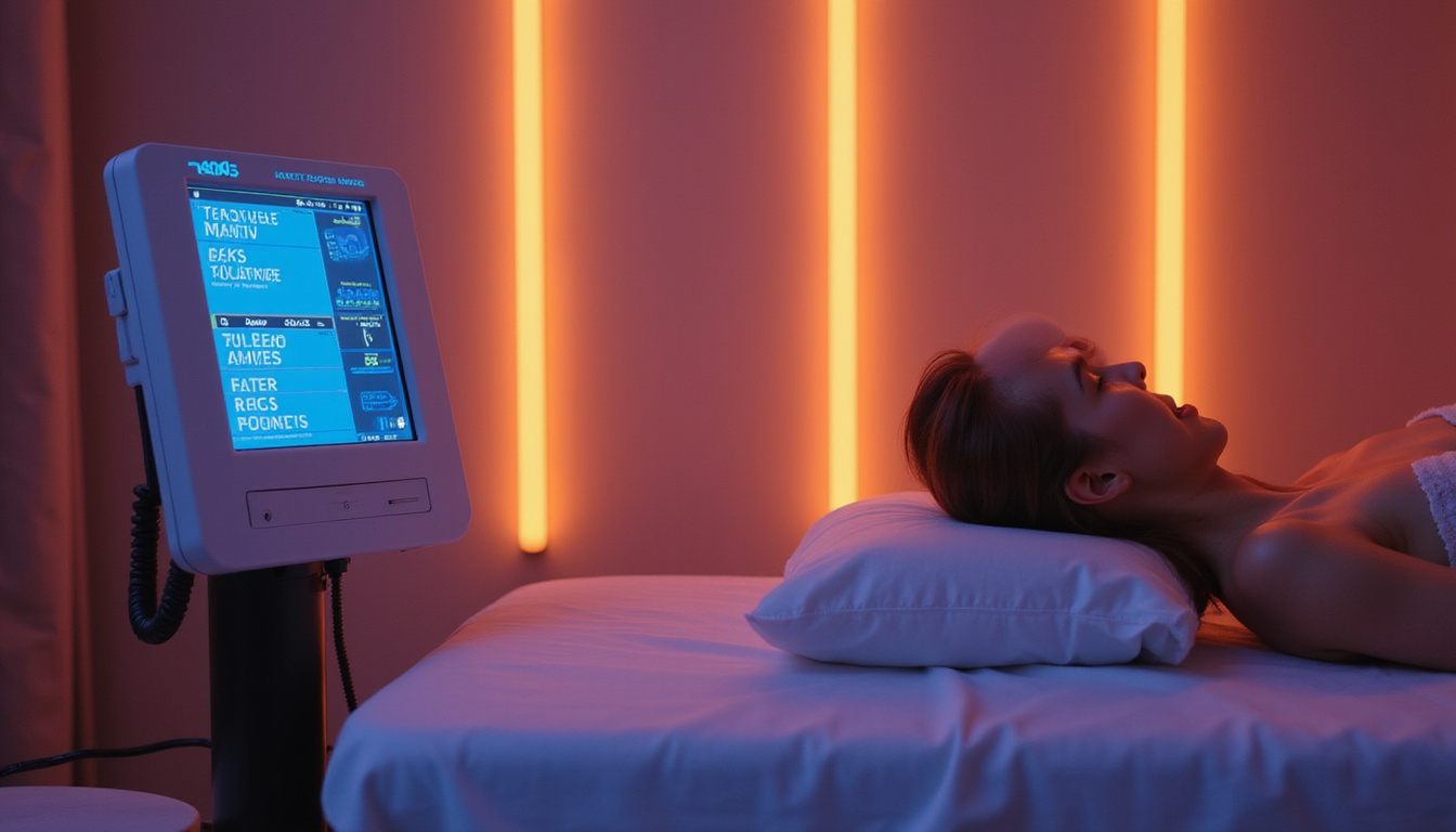 Modern TENS unit displays, relaxed patient on treatment table, warm light, recovery atmosphere