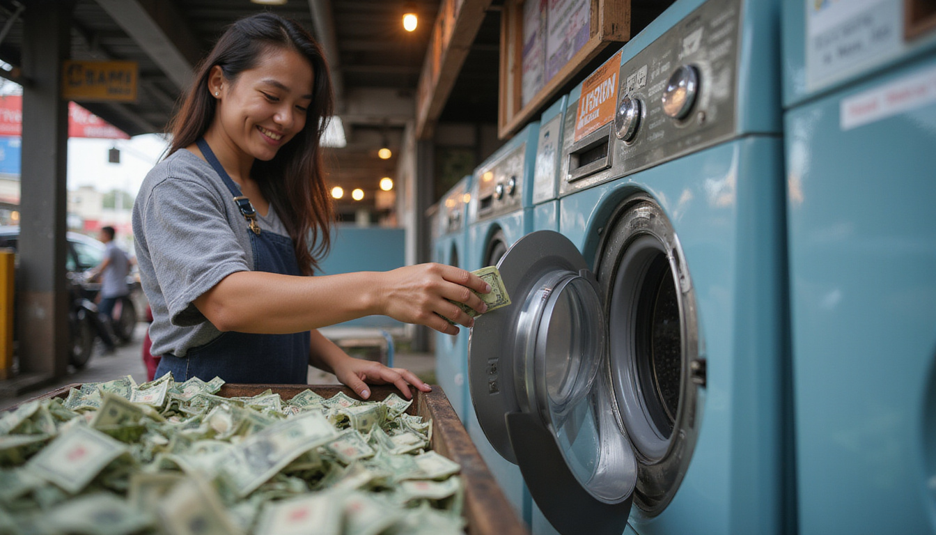 Street-side cash exchange, refurbished washing machine gleaming, smiling entrepreneur, urban marketplace, hyperreal detail