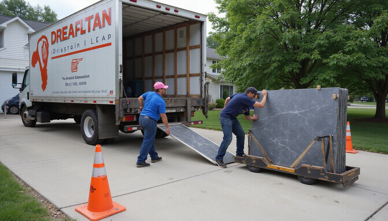  Team loading heavy slate onto truck ramp with dolly, labeled parts, safety cones, suburban driveway