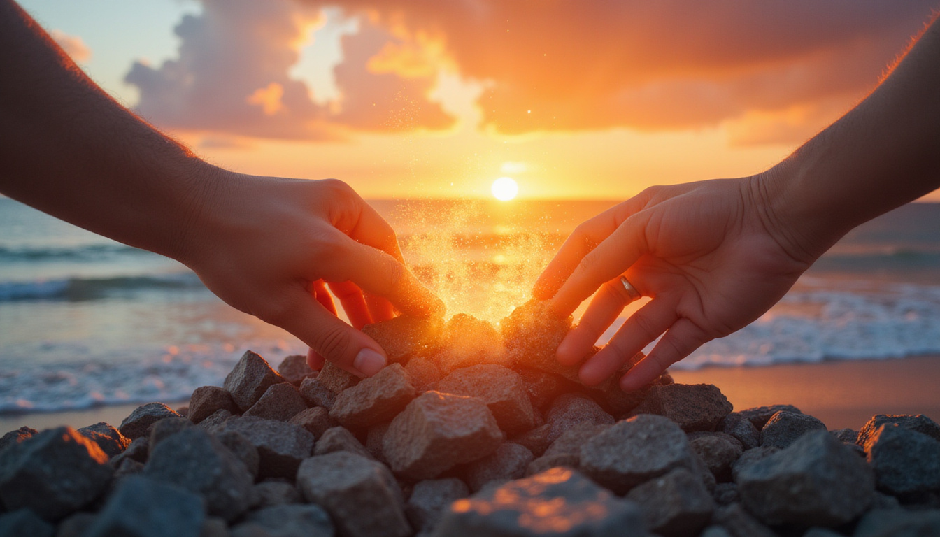 Hands sweeping smoky blocks away, radiant energy streams restoring vibrant aura, sunrise over ocean