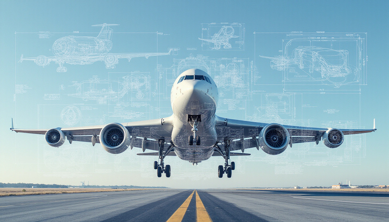  Technical cutaway of landing gear and aerodynamics, blueprint overlays, metrics, smooth touchdown demonstration