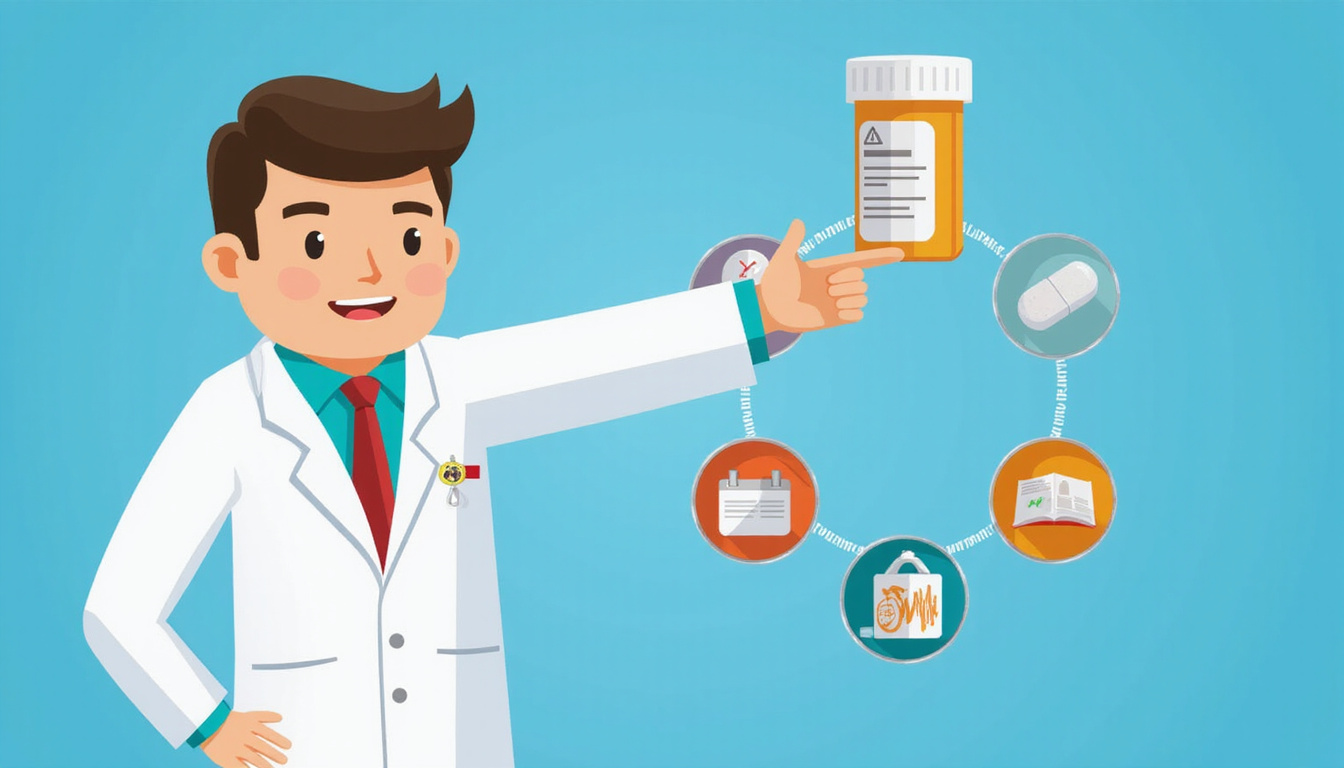  Medical infographic style doctor pointing to pill bottle, warning icons, dosage chart, soothing blue background