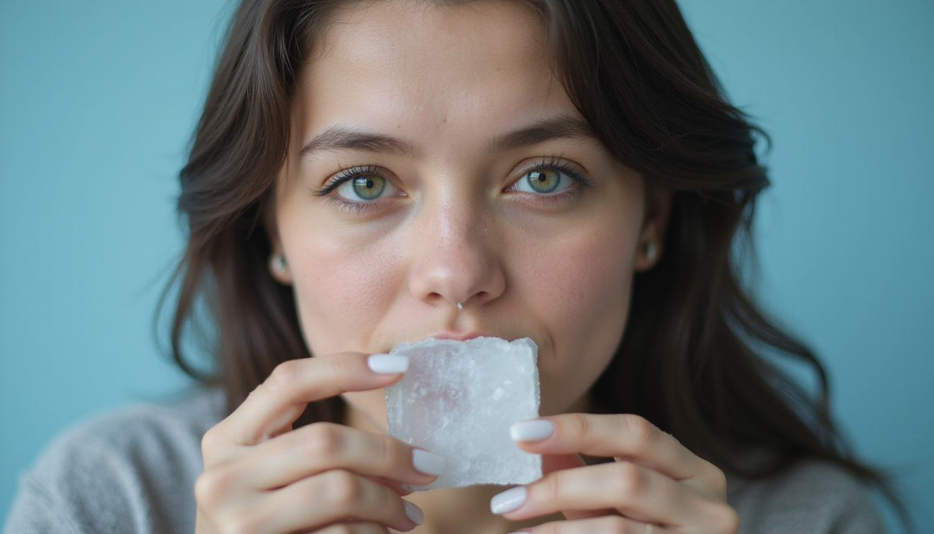  Pensive young woman pale skin dark circles holding ice cube brittle nails visual low ferritin meter