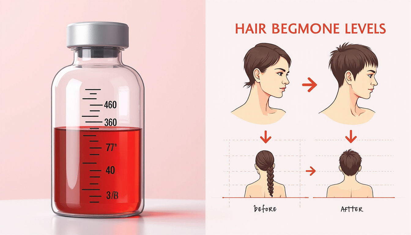  Blood vial with hormone levels chart, before-and-after hair regrowth, modern medical infographic