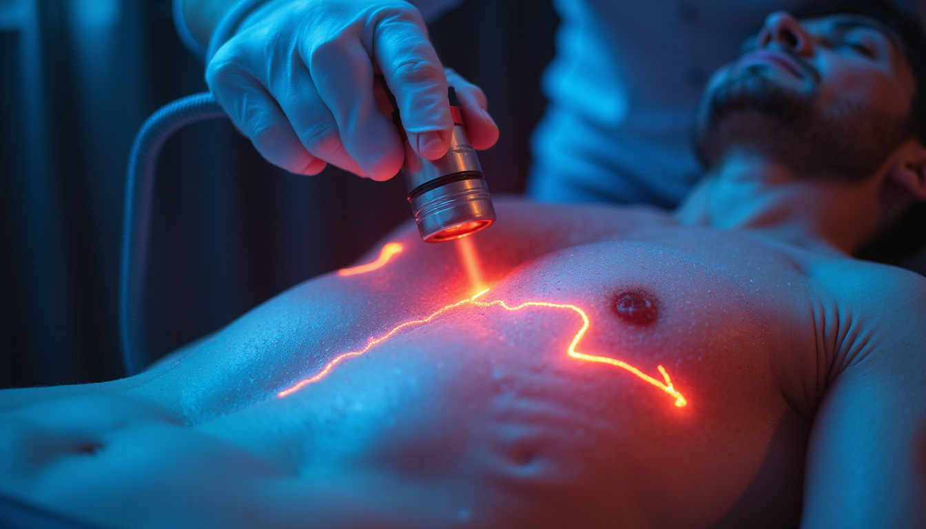  Close-up rehabilitation scene: therapist applying laser therapy, trained muscles highlighted, recovery graph overlay