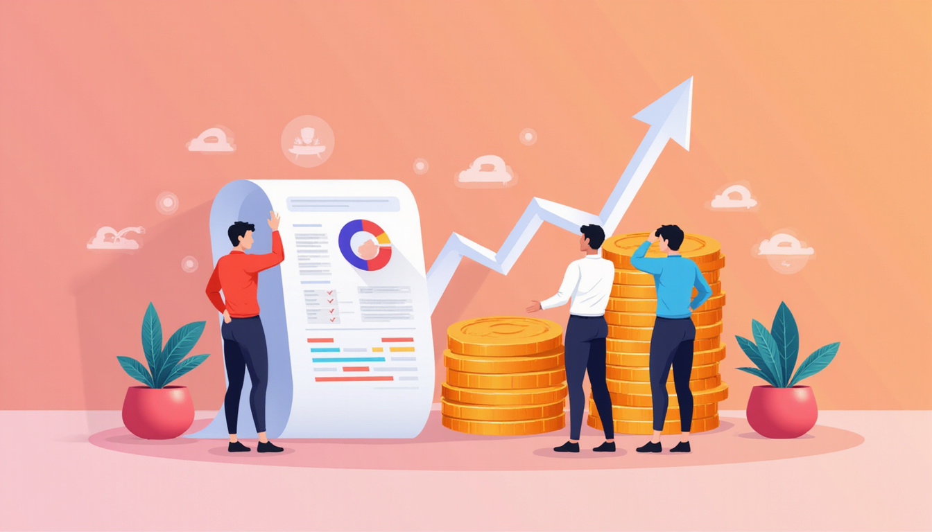  Minimalist infographic style: business team analyzing print ad rates, coins stacking, arrow rising