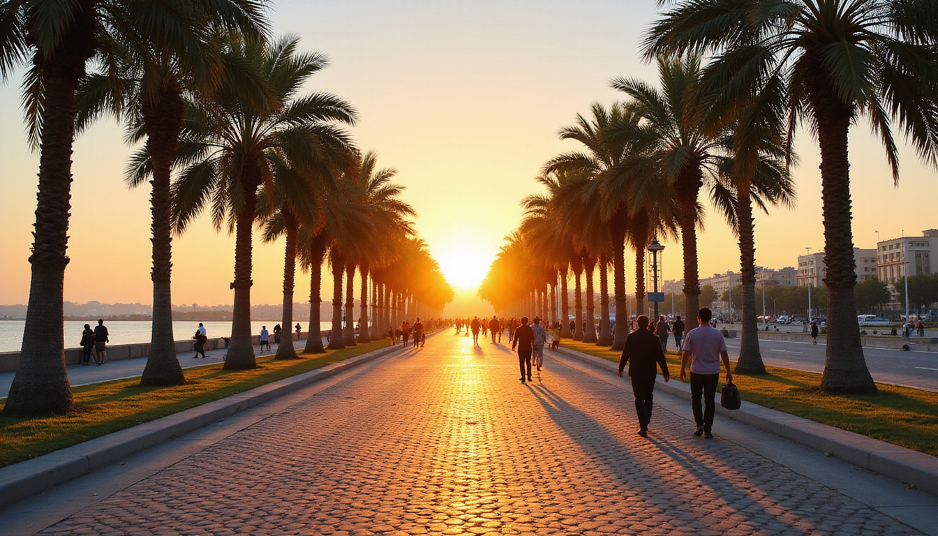  Tree-lined embassies avenue, cobblestone promenade along Nile, locals strolling, palm shadows, sunset