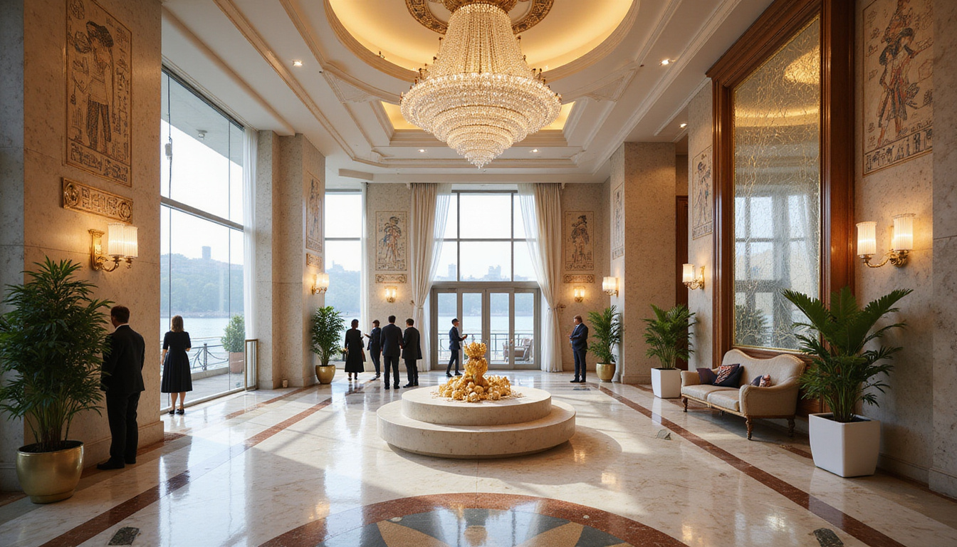  Grand marble lobby with crystal chandelier, hieroglyphic motifs, river views, elegantly dressed guests