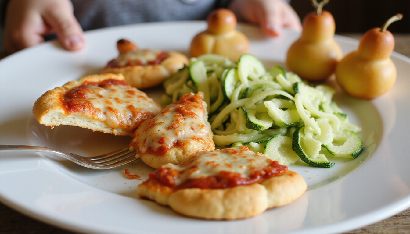  parent serving cauliflower pizza slices, playful animal-shaped zucchini noodles, cozy family mealtime