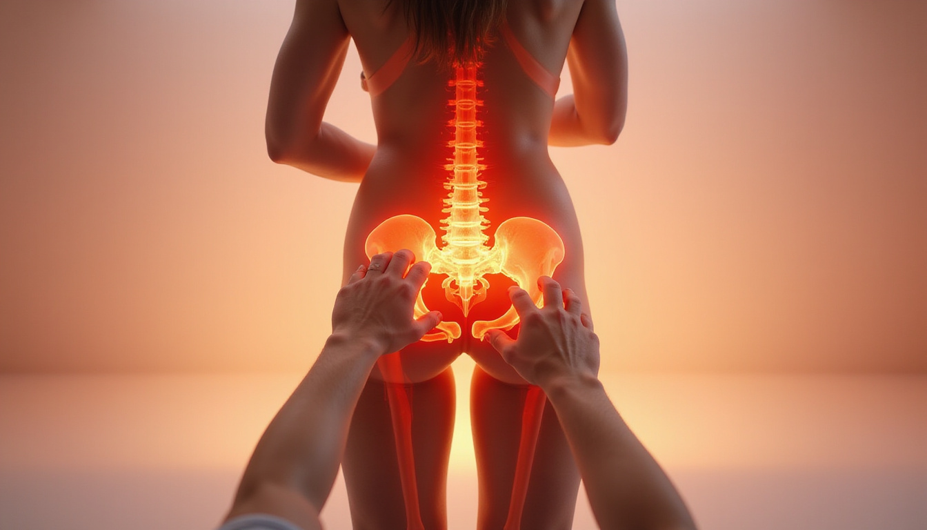 Anatomical overlay of pelvis and muscles, translucent skin, trainer hands adjusting posture, sunrise studio
