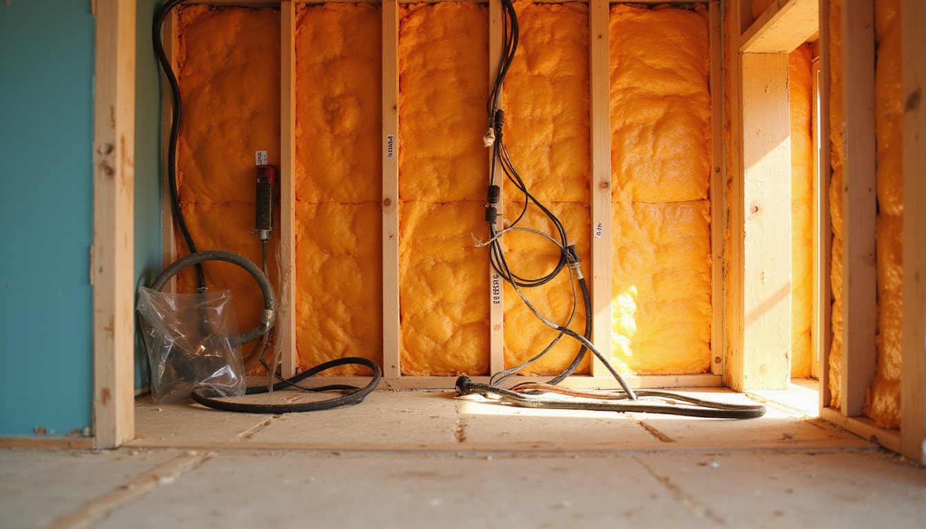 Wide-angle DIY scene revealing hidden wiring and insulation, plastic dust barrier, labelled studs, warm light