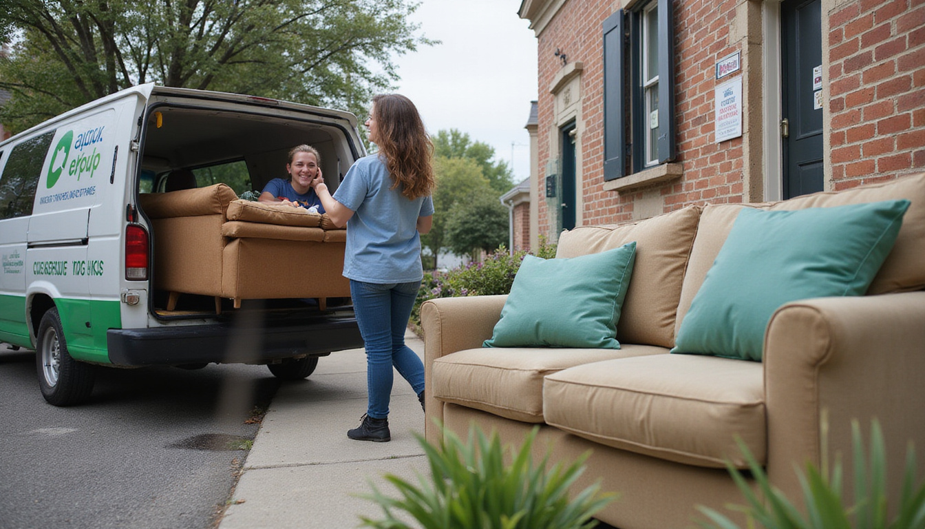  Neighborhood curbside pickup: smiling volunteers loading sofa into van, donation tags, eco-friendly signage