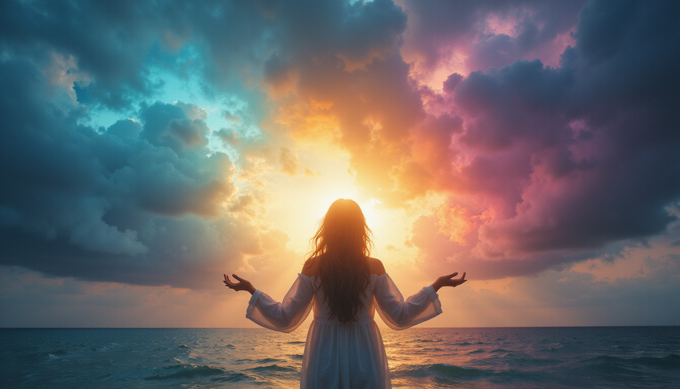 Woman releasing storm of dark clouds, gentle hands guiding waves of colored healing light