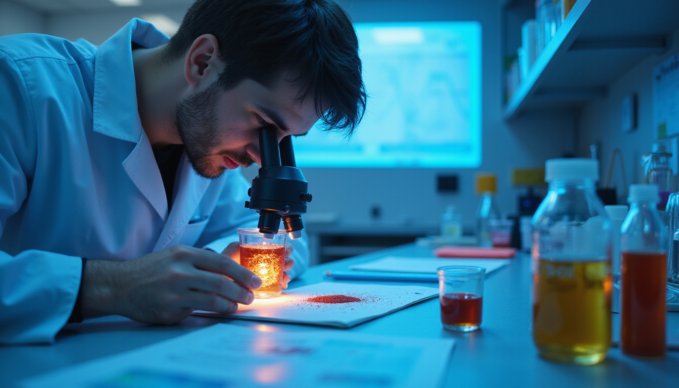  Laboratory scene: scientist examining velvet extract under microscope, vials, charts, sterile blue lighting
