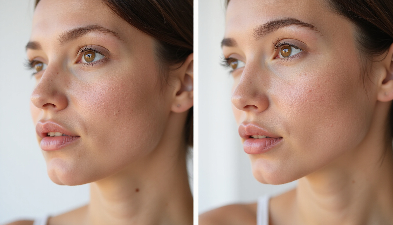  Before-and-after portraits showing rapid facial hair reduction, subtle glowing skin, scientific diagrams overlay