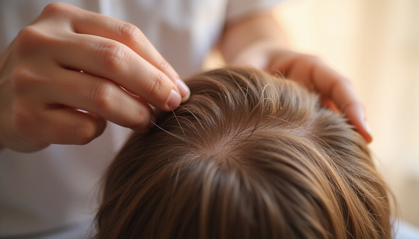  Close-up scalp with sparse hair, soft regrowth sprouts, caring dermatologist hand, hopeful warm light