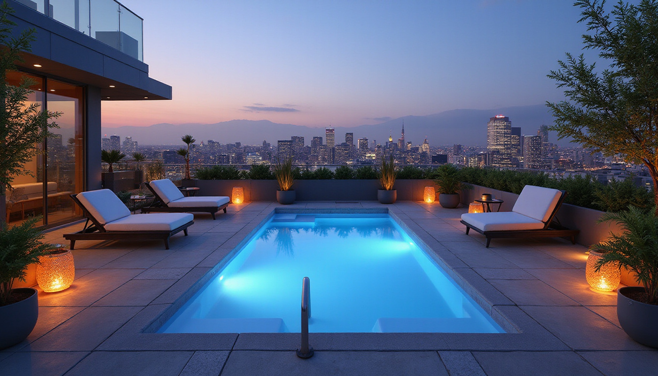 Evening rooftop pool terrace with solar lanterns, native plants, minimalist furniture, panoramic city skyline