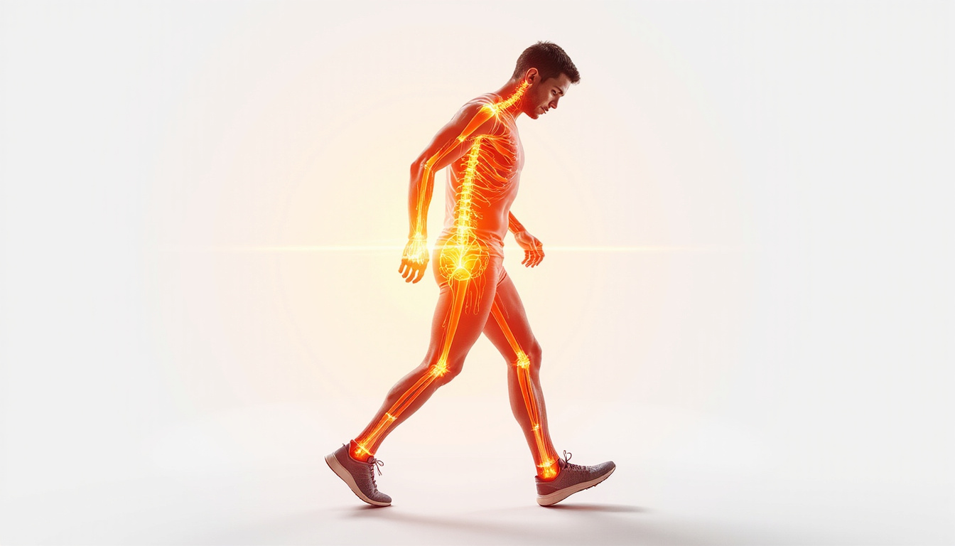  Athlete performing pain-free gait sequence, layered anatomy overlays, warm light, optimistic medical illustration