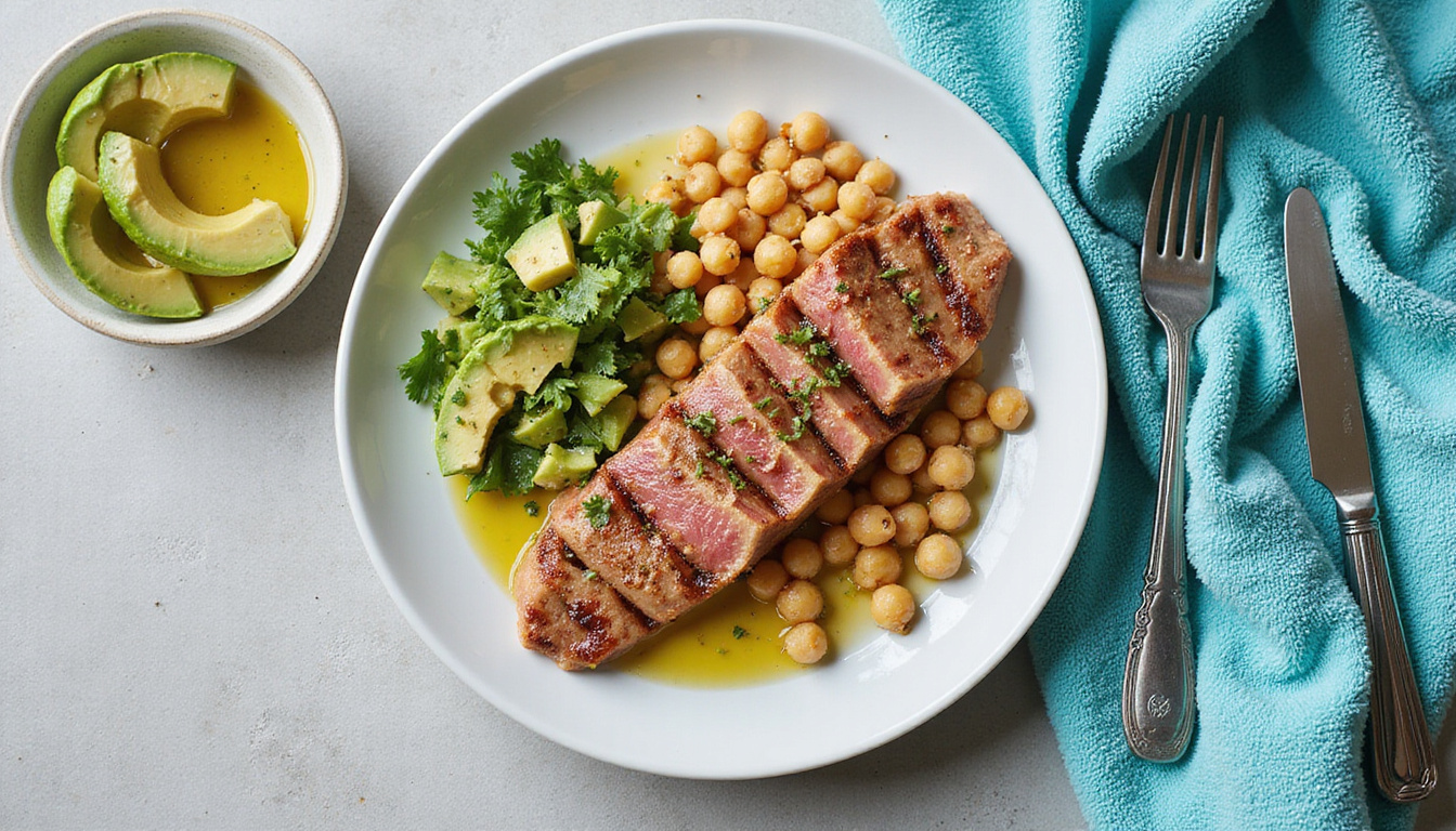 High-protein dinner flatlay: grilled tuna, chickpea salad, avocado, olive oil drizzle, gym towel nearby