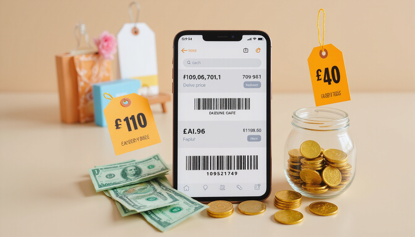  Smartphone scanning barcodes on discounted items, neat price tags, coins and dollar bills overflowing jar