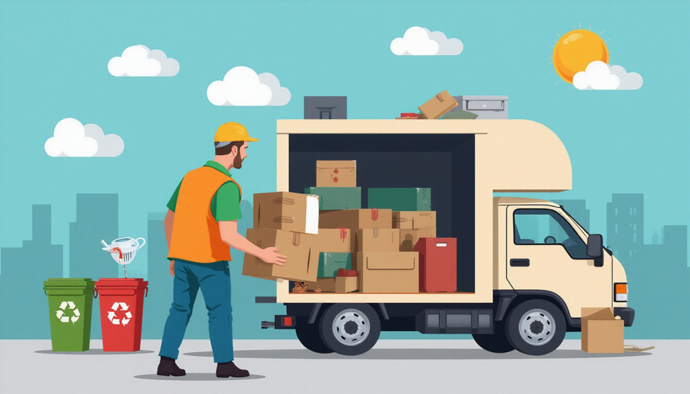  compact junk removal van, worker loading items efficiently, recycling bins, cost-saving stickers