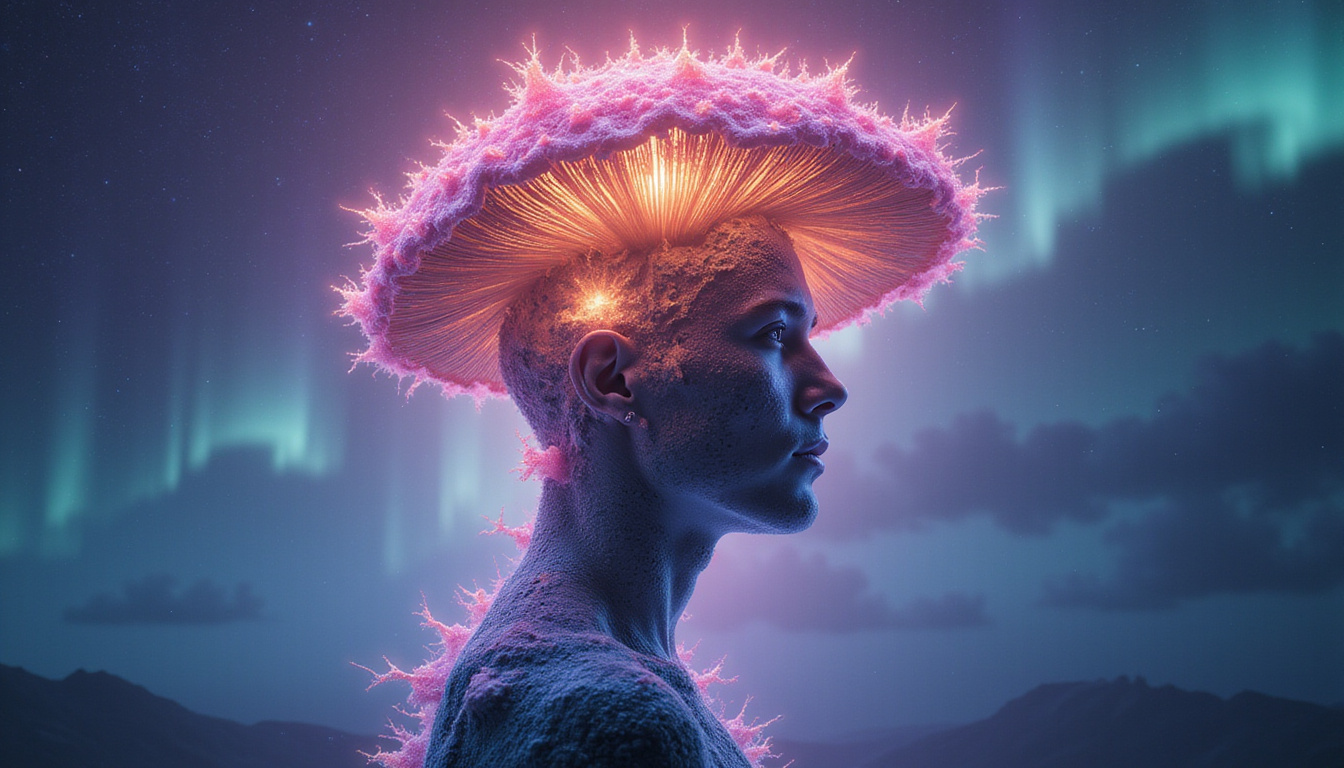 Surreal transformation: fractal mushroom crown morphing into glowing human silhouette, pastel aurora