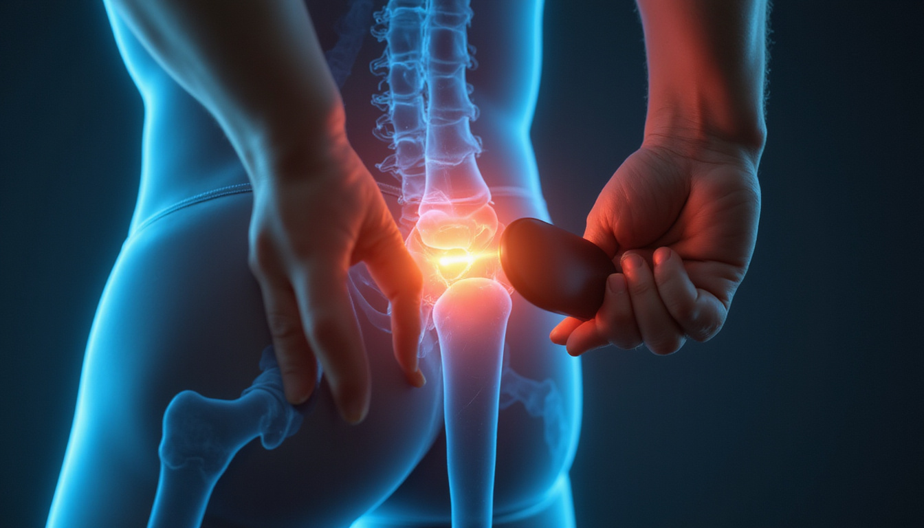  Close-up of hands gripping paddle, glowing anatomical overlay showing pain relief and joint stability