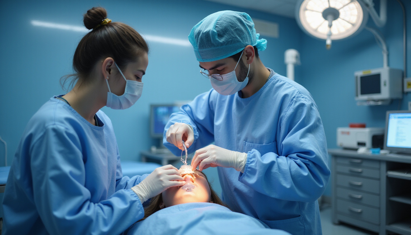  Surgeon in futuristic clinic applying bioengineered cartilage patch infused with aggrecan, hopeful patient