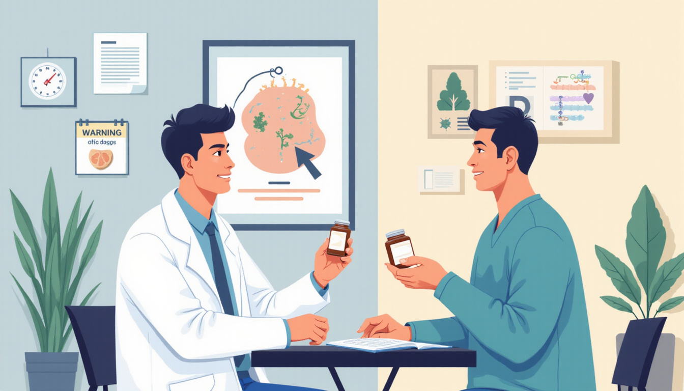  Doctor consultation scene, man holding supplement bottle, warning icons, dosage calendar and herbal label