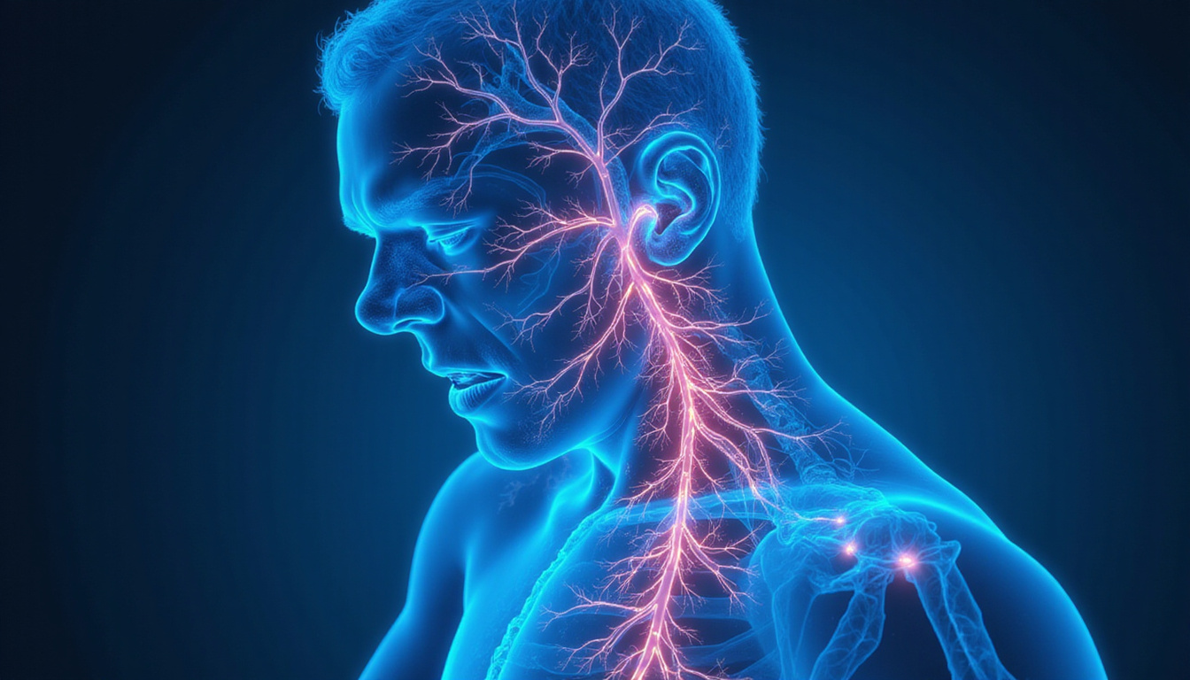  Anatomical overlay of nerves pulsing blue energy, chronic pain melting, patient relaxed