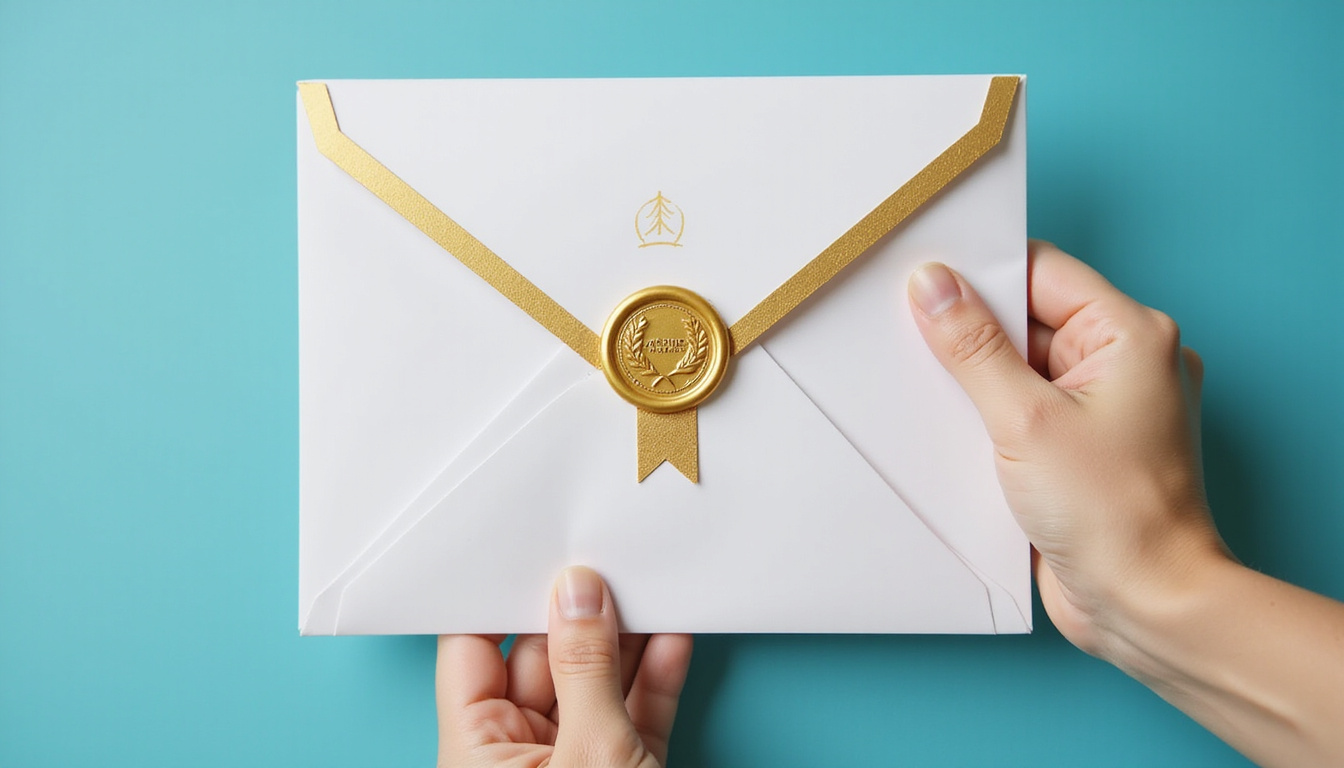  Minimalist premium envelope, personalized name seal, golden stamp, hands opening, upward analytics arrow