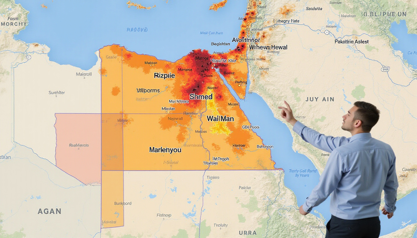  Real estate agent pointing at heatmap overlay on Egypt map highlighting profitable retail zones