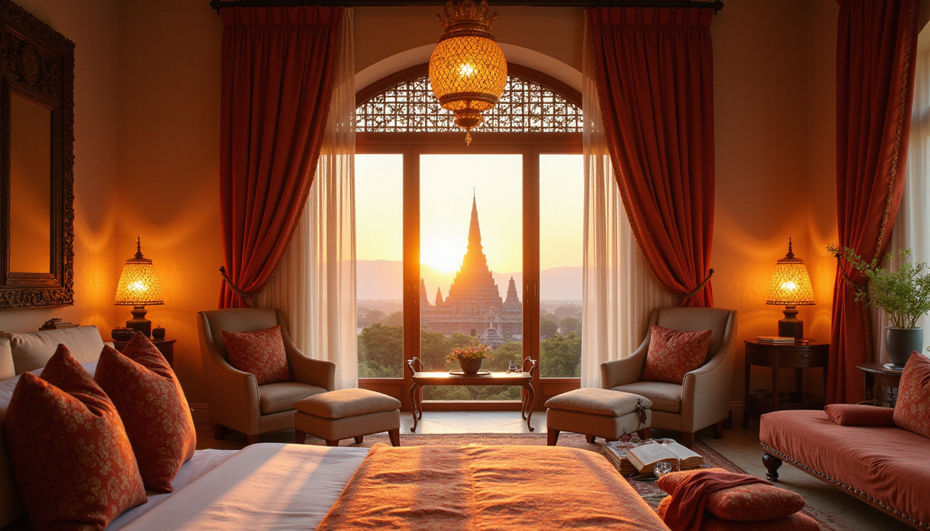  Opulent colonial style suite with temple view, silk draperies, incense smoke, soft sunrise light