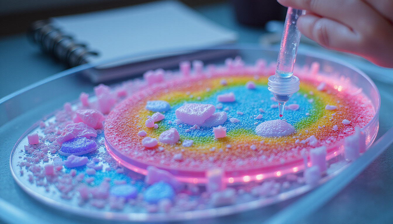  Cross-sectional gel microstructure visualization, colorful shear map overlays, pipette, notebook with stability tips