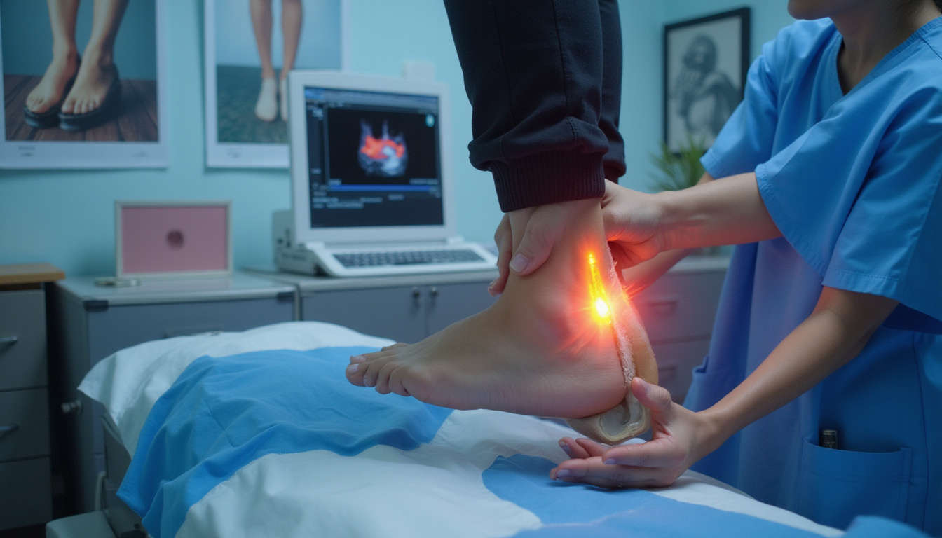 Clinician performing ultrasound diagnosis of tibial nerve at ankle, supportive shoes and prevention posters