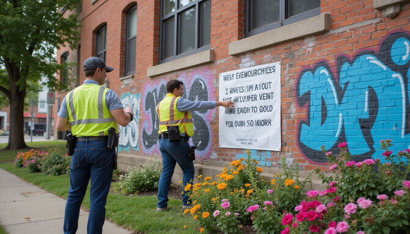  City inspector posting nuisance abatement notice while volunteers remove graffiti, repair windows, plant flowers