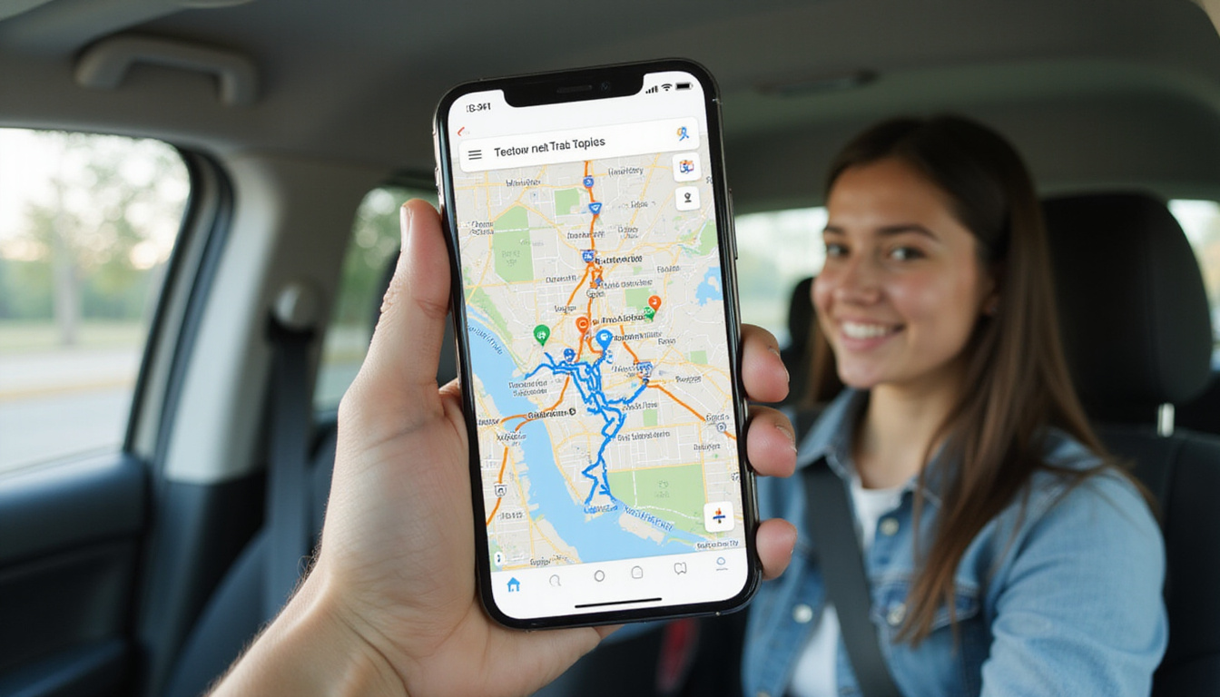  Smart app map overlay optimizing trash routes, smiling driver, efficient loading, minimal clutter, cinematic aerial view